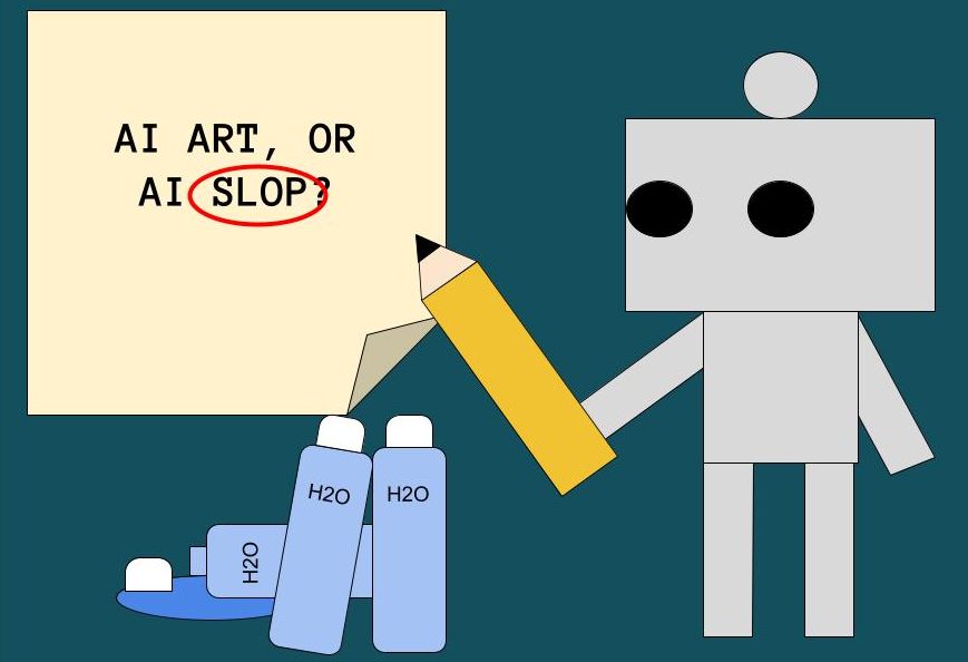 A robot holding a pencil, surrounded by water bottles on the ground.